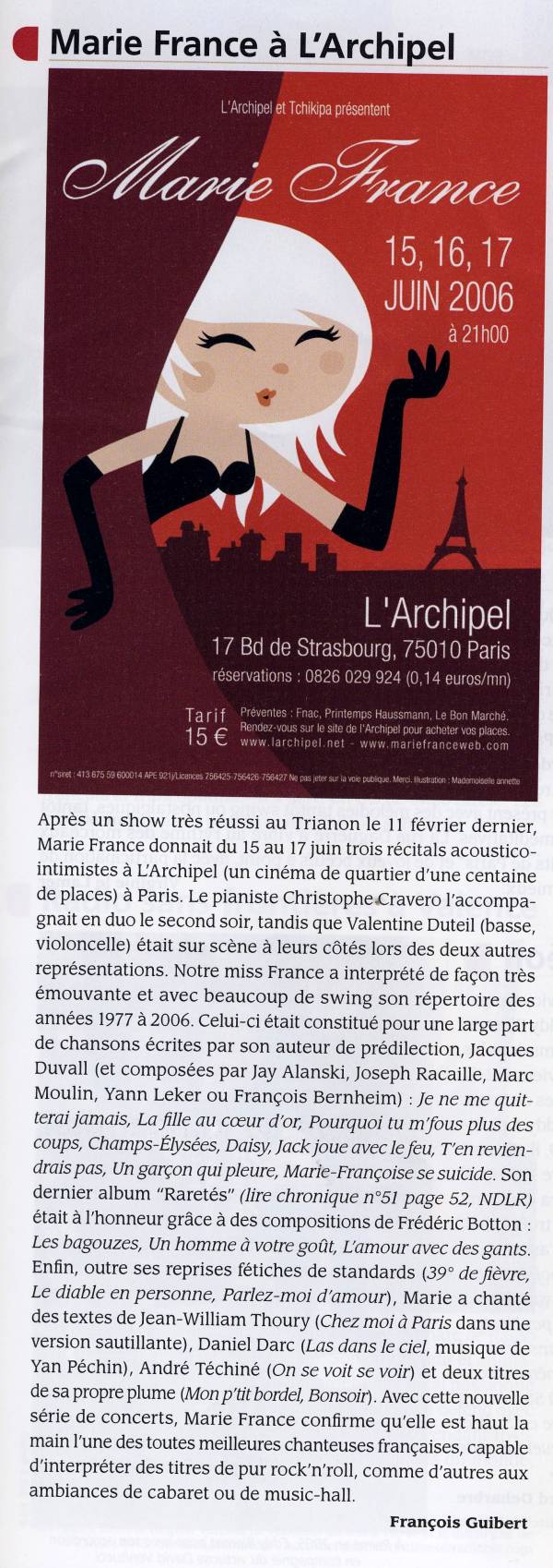 MARIE FRANCE 15 au 17/06/2006 L'Archipel à Paris : compte-rendu 080714072831277292274105