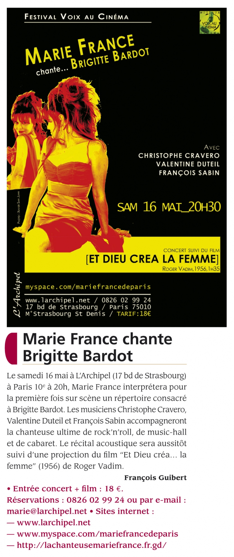 “MARIE FRANCE chante BRIGITTE BARDOT” 16/05/2009 L'Archipel à Paris : compte-rendu 090423060353393753533405