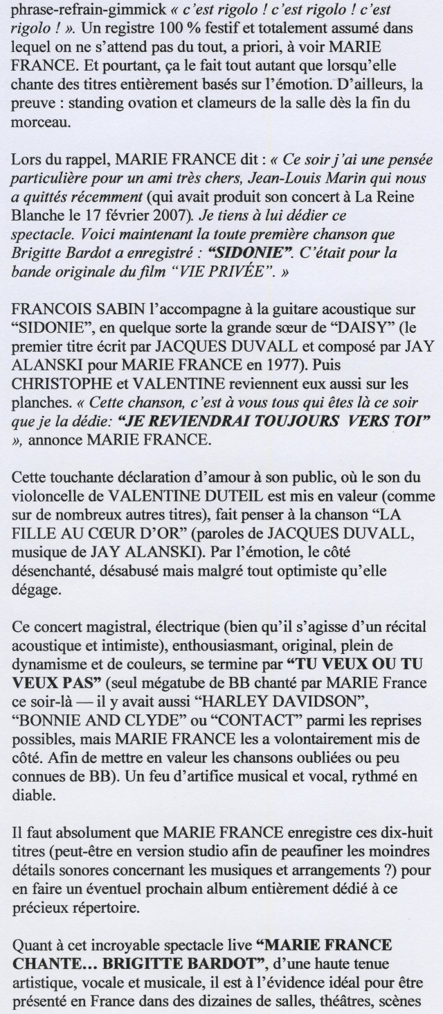 “MARIE FRANCE chante BRIGITTE BARDOT” 16/05/2009 L'Archipel à Paris : compte-rendu 090522092714393753712773
